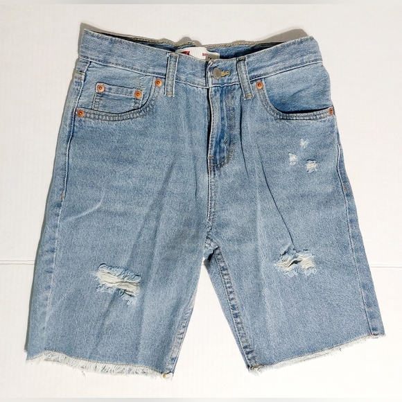 Distressed Levi Cut Off Design Denim Shorts Size Boys 12 Adjustable Waist - Picture 2 of 12